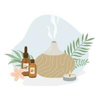 Composition  with essential oil, aromatherapy accessories and herbs. Aroma lamp flat vector illustration on white background.