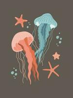 Jellyfish and sea stars vector illustration. Cartoon poster isolated on dark background. Ocean life background