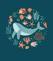 World ocean day poster. Set with hand drawn whale and sea life elements. Beautiful underwater world in flat style. Marine objects, summer print. Fish, jellyfish, shells, seaweed and corals. vector