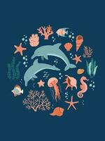 Set with dolphins and sea life elements. Beautiful underwater world in flat style. Vector set of marine objects, summer print. Fish, jellyfish, shells, seaweed and corals. World ocean day poster