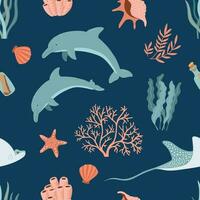 Seamless pattern with dolphins, coral and shells on blue background.  Underwater world vector ornament.  Sea life summer illustration
