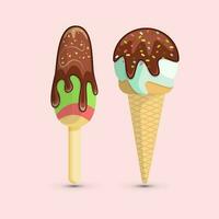 Two ice creams with chocolate and strawberry on a pink background vector