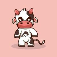 un dibujos animados vaca con un linda cara es en pie en un rosado antecedentes vector