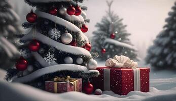 Navidad árbol ornamento en nieve antecedentes con pila de regalos caja generativo ai foto