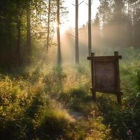 empty wooden sign on edge of forest on summer , photo