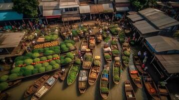 floating traditional market, traditional floating boat market, view from drone, photo