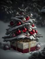 christmas tree ornament in snow background with pile of gifts box generative ai photo