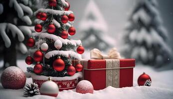 christmas tree in snow background with pile of gifts box photo