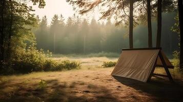 vacío de madera tablón en el medio de el bosque a Mañana ,generativo ai foto