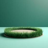 product display podium made of 3d grass with a simple minimalist style , photo