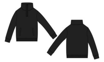 Long sleeve jacket with pocket and zipper technical fashion flat sketch vector illustration Black Color template front and back views. Fleece jersey sweatshirt jacket for men's and boys.