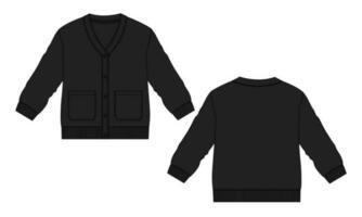 Cardigan Technical drawing fashion flat sketch vector illustration black color template front and back views