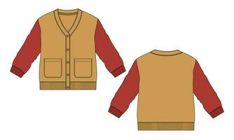 Two tone color Cardigan Technical drawing fashion flat sketch vector illustration template front and back views