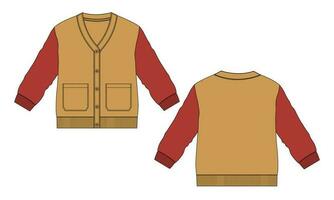 Two tone color Cardigan Technical drawing fashion flat sketch vector illustration template front and back views