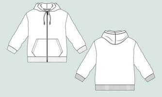 Long sleeve hoodie technical fashion Drawing sketch template front and back view. apparel dress design vector illustration mock up jacket CAD. Easy edit and customizable.