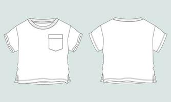 Baby boys t shirt technical drawing fashion flat sketch vector illustration template front and back views. Apparel design mock up for kids isolated on grey background