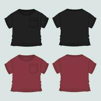 Baby boys t shirt technical drawing fashion flat sketch vector illustration black and red color template front and back views. Apparel design mock up for kids isolated on grey background