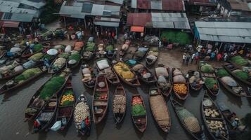 floating traditional market, traditional floating boat market, view from drone, photo