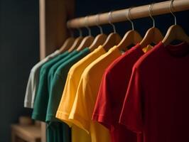cotton t-shirts hanging on hangers , photo