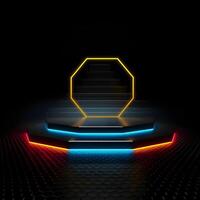 3d futuristic hexagonal stage with neon effect , photo