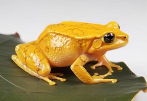 Studio portrait of a yellow frog on a leaf. on a white background. photo