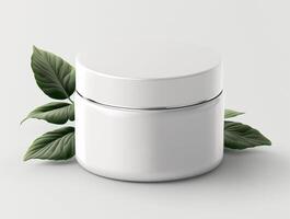 photo display of beauty cream container with leaf decoration,