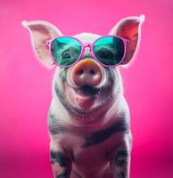 cerca arriba de un cerdo vistiendo lentes. aislado en rosado antecedentes. generativo ai foto