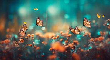 primavera antecedentes. vistoso flores y mariposas generativo ai foto
