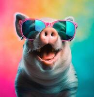close up of a pig wearing glasses. isolated on colorful background. generative ai photo