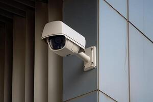 seguridad cámara en moderno edificio. cctv en el pared en el ciudad. generativo ai foto