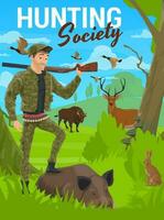 Hunting, forest deer, wild animals, hunter rifle vector