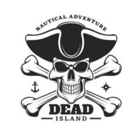Pirate captain skull and crossed bones icon, label vector