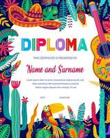 diploma con mexicano sombrero, guitarra y cactus vector