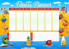 Weekly fitness planner, cartoon fruits on vacation vector