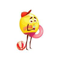 Lemon fruit character in cap with lifebuoy, ball vector