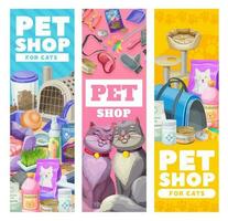 Pet care banners, cat care items and toys, goods vector