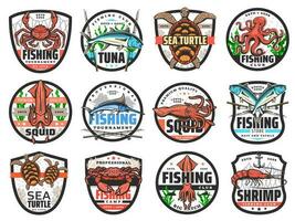 Fishing sport badges with fish, seafood, tackle vector