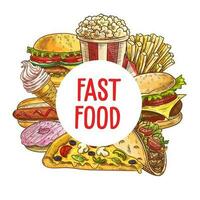 Fast food pizza, burgers, desserts vector sketch