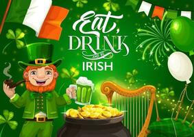 patricks día, irlandesa fiesta banderas y fuegos artificiales vector