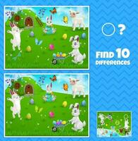 Easter egg hunt bunnies kids game, find difference vector