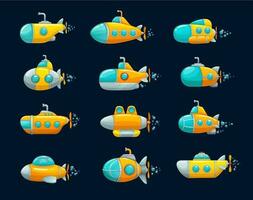 Cartoon submarine, yellow underwater game ships vector