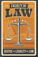 Retro poster, juridical justice school law faculty vector