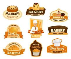 Pastelería postre pasteles, pastelería panadería tienda señales vector
