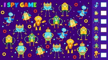 Cartoon robots, I spy game worksheet, kids puzzle vector