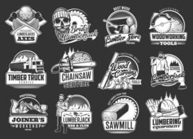 Lumberjack and lumbering industry retro icons vector