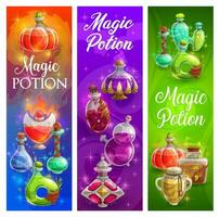 Halloween posters with witch magic potions bottles vector