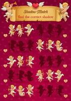 Valentine day kid shadow matching game with cupids vector