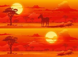 African savanna sunset, animals vector landscape