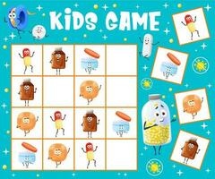 Sudoku kids game worksheet, cartoon pills, syrup vector