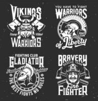camiseta huellas dactilares vikingo, gladiador y fuego combatiente vector